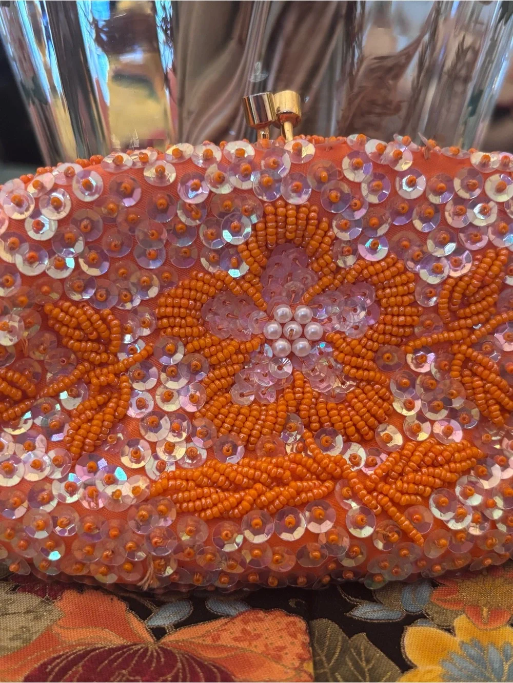 Vintage Showgirl Sequin Coin Purse 1960’s Orange By Jordan Marsh Co.